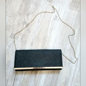 Le Chateau Elegant Black Glitter Sparkle Evening Clutch Detachable Chain